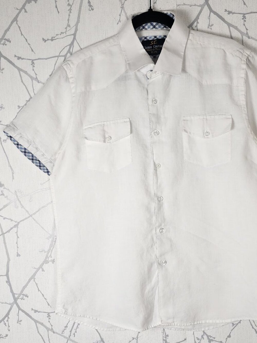 Suslo Couture White 100% Linen Short Sleeve Western Shirt